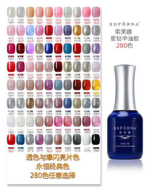 （品牌更替）星钻胶//索芙娜甲油胶升级Ａ版280色可选（注：要多少瓶 可以拍多少份01号 然后备注所要的色号即可！也可联系客服备注） 商品图4