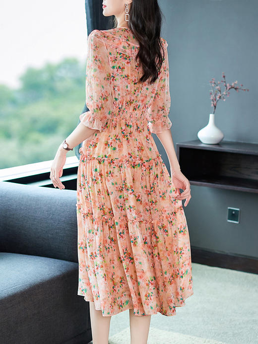 WWM-69401夏装69401粉色碎花桑蚕丝连衣裙V领高腰显瘦真丝长裙大摆 商品图3