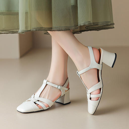 西村名物2023年夏季新款低粗跟包头小香风法式晚风空鞋D23AH10071 商品图6