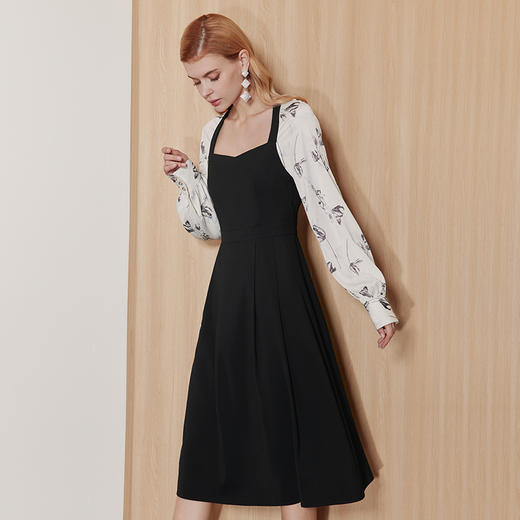 EITIE爱特爱灯笼袖拼接法式方领印花收腰显瘦黑色连衣裙秋新款C2307230 商品图2