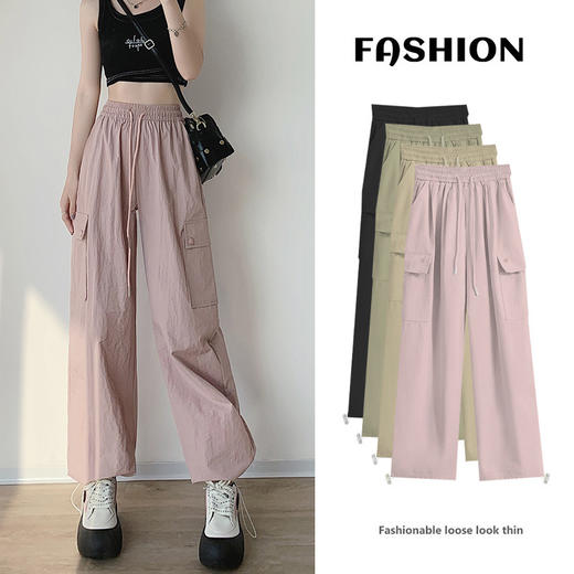 夏季新款必备；高腰直筒休闲裤，舒适自如；美式卫裤阔腿设计，时尚百搭，调节扣两穿工装裤女，轻松穿脱，方便实用。展现个性魅力！ 商品图0
