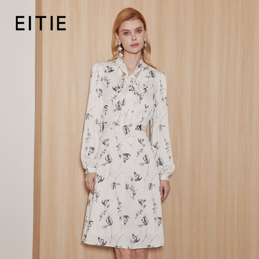 EITIE爱特爱中式水墨印花收腰飘带精致高级优雅连衣裙秋季新款C072 商品图0