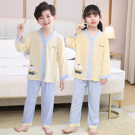【母婴用品】夏季儿童开衫纯色拼色印花绵绸家居服套装 商品图2