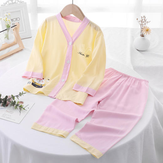 【母婴用品】夏季儿童开衫纯色拼色印花绵绸家居服套装 商品图9