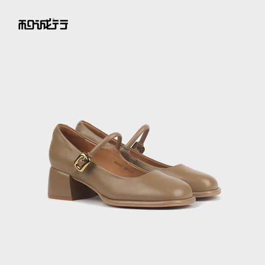 和诚行 2023秋冬新款法式方头粗跟玛丽珍鞋浅口一字带女鞋0820267 商品图0