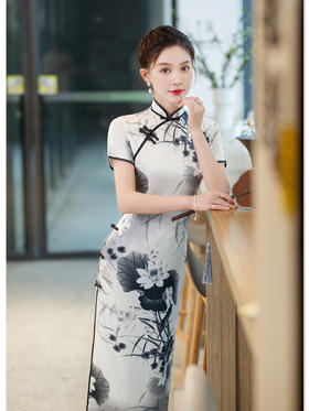 夏季新款，改良民会水墨荷花旗袍连衣裙GX298883