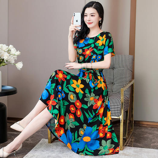 棉麻连衣裙夏天薄款大码女装甜美气质碎花棉绸长裙子HS-1818 商品图2