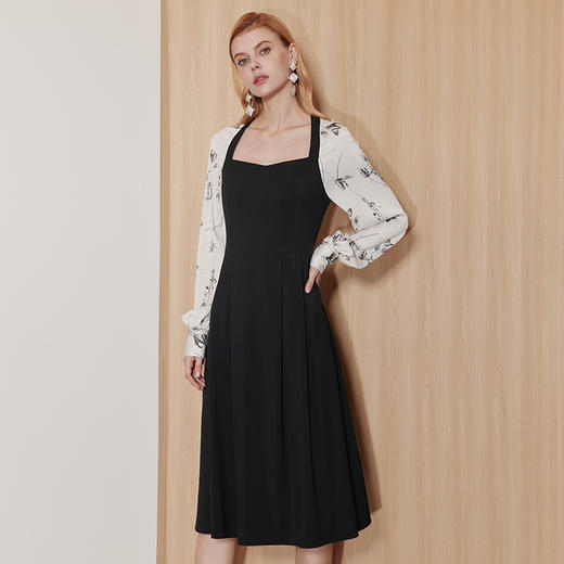 EITIE爱特爱灯笼袖拼接法式方领印花收腰显瘦黑色连衣裙秋新款C2307230 商品图1