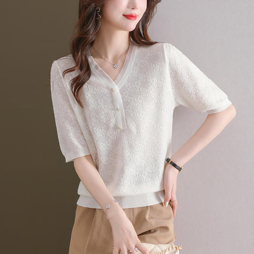 年轻妈妈夏装含桑蚕丝薄款针织衫蕾丝上衣CC-23073 商品图0