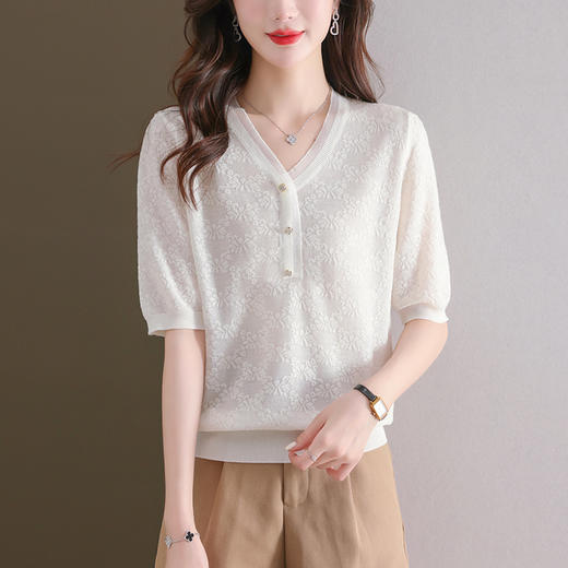 年轻妈妈夏装含桑蚕丝薄款针织衫蕾丝上衣CC-23073 商品图2