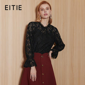 EITIE爱特爱宫廷风立领黑色蕾丝两件套直筒显瘦通勤上衣秋新款C13206