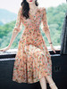 WWM-69401夏装69401粉色碎花桑蚕丝连衣裙V领高腰显瘦真丝长裙大摆 商品缩略图0