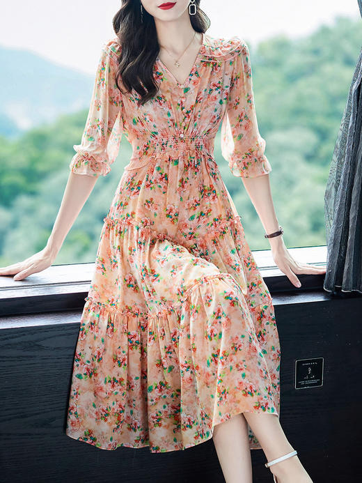 WWM-69401夏装69401粉色碎花桑蚕丝连衣裙V领高腰显瘦真丝长裙大摆 商品图0