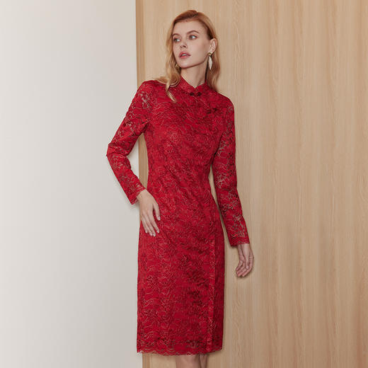 EITIE爱特爱复古中式立领盘扣改良旗袍红色蕾丝连衣裙秋季新款C07202 商品图2