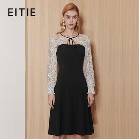 EITIE爱特爱法式蕾丝拼接假两件系带抹胸收腰黑色连衣裙秋新款C2307226