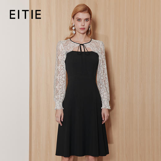 EITIE爱特爱法式蕾丝拼接假两件系带抹胸收腰黑色连衣裙秋新款C2307226 商品图0