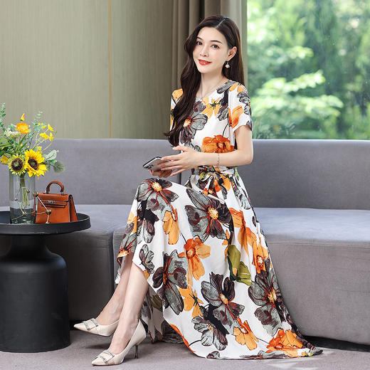 棉麻连衣裙夏天薄款大码女装甜美气质碎花棉绸长裙子HS-1818 商品图6
