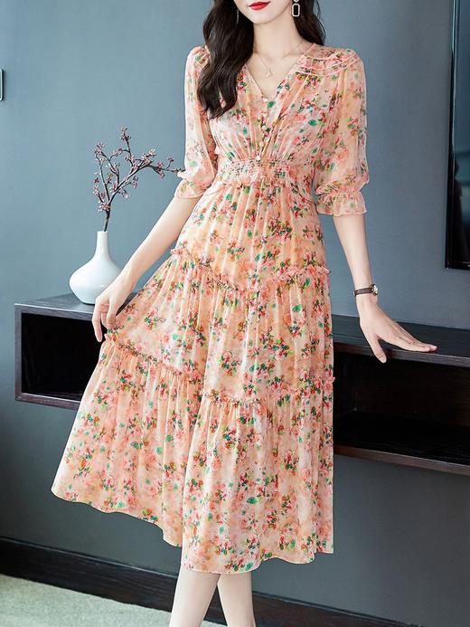 WWM-69401夏装69401粉色碎花桑蚕丝连衣裙V领高腰显瘦真丝长裙大摆 商品图2