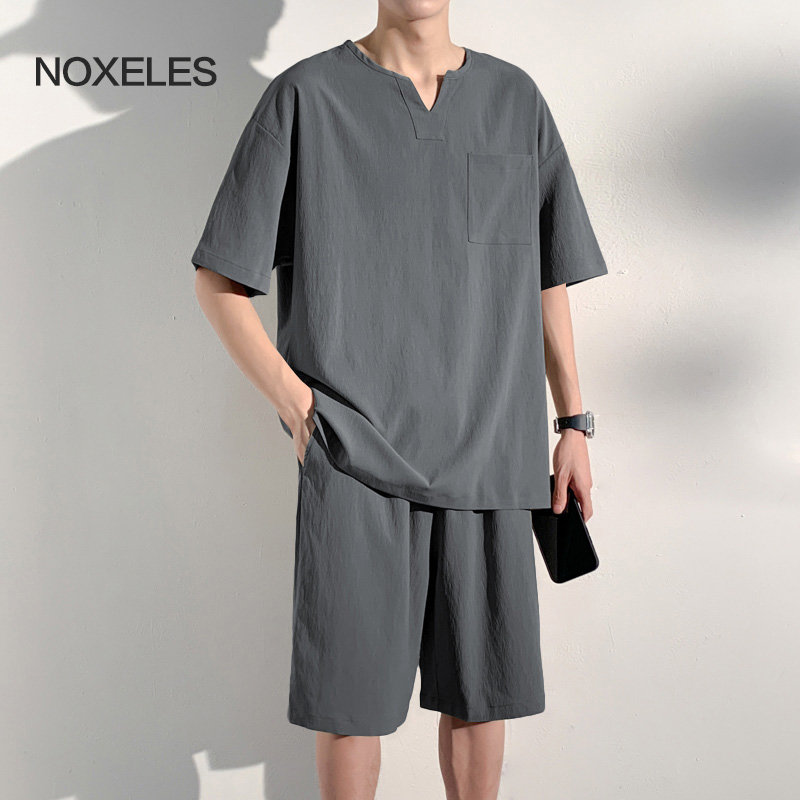 NOXELES夏季男士休闲冰丝套装（自营） | 凉感科技纤维，穿在身上比裸奔更凉快（军绿色L和XL下单10天内发货）