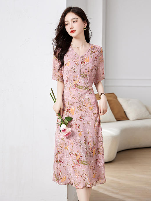 修身显瘦，时尚v领月印花简洁干练气质碎花连衣裙HR-WZ25219 商品图1