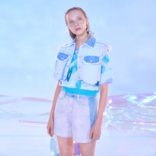 牛仔撞色拼接短裤 商品图1