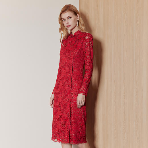 EITIE爱特爱复古中式立领盘扣改良旗袍红色蕾丝连衣裙秋季新款C07202 商品图1