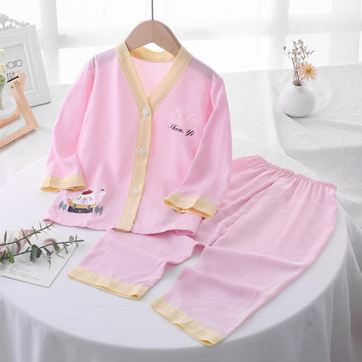 【母婴用品】夏季儿童开衫纯色拼色印花绵绸家居服套装 商品图5