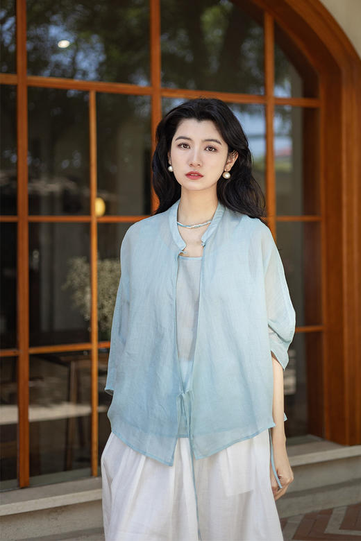 绽放501朵/高端100支砂洗苎麻中式盘扣斜襟系带衬衫文艺背心 商品图5