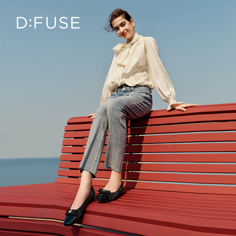 DFuse迪芙斯小香风蝴蝶结方头芭蕾鞋女翘头复古单鞋DF33111220