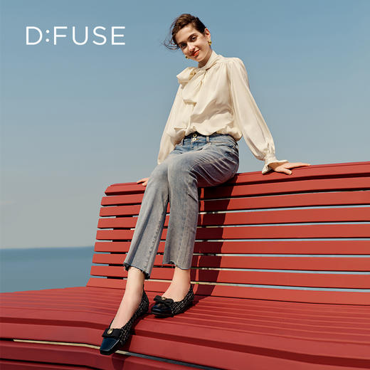 DFuse迪芙斯小香风蝴蝶结方头芭蕾鞋女翘头复古单鞋DF33111220 商品图0