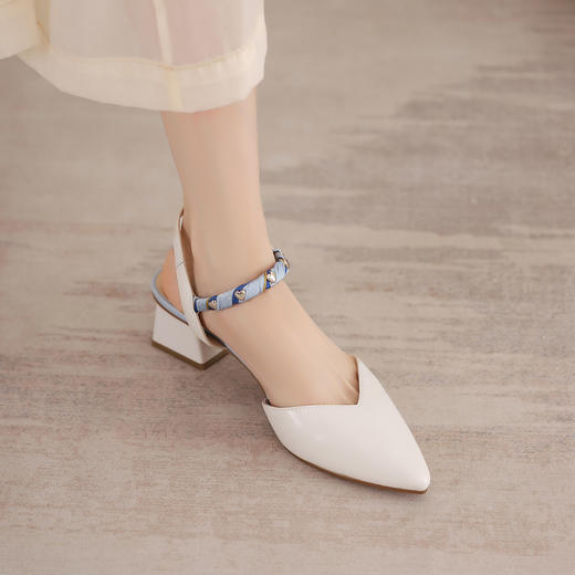 阿么手工女鞋百搭气质中跟真皮凉鞋女2025新款法式一字带鞋子4CM 商品图2