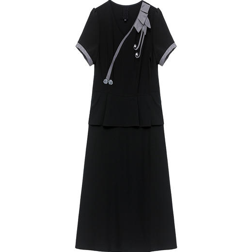 时尚优雅，夏款中长款修身气质V领短袖假两件A字裙黑色连衣裙QYM-XQD-5B107-L 商品图4