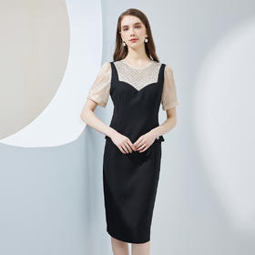 QF84B瑟俪撞色领口钉珠合体收腰连衣裙