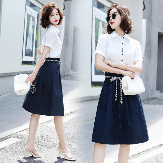简约个性翻领衬衫，宽松A字裙摆两件套裙HR-NSYY2168 商品图1