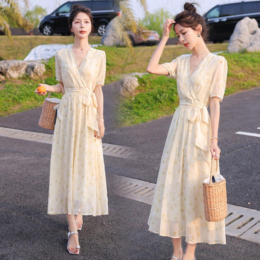 夏新款气质感茶歇法式v领碎花连衣裙收腰显瘦长裙MYL2318-3 商品图2