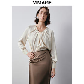VIMAGE纬漫纪高级感压褶设计V领宽松直筒显瘦雪纺上衣秋季新款V2013610