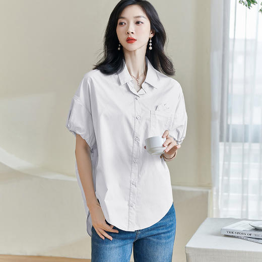 米思阳2025夏季简约通勤白色短袖衬衫弹力宽松基础百搭上衣女1812 商品图0