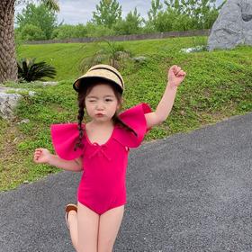 【赠泳帽】儿童连体泳衣女童飞肩袖蝴蝶结粉红色泳装90-140码
