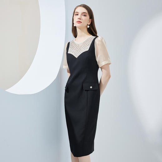 QF84B瑟俪撞色领口钉珠合体收腰连衣裙 商品图2