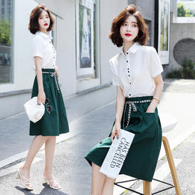 简约个性翻领衬衫，宽松A字裙摆两件套裙HR-NSYY2168