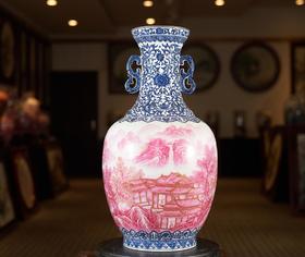 青花玛瑙红山水描金双耳尊