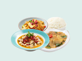 酸菜鱼+小炒杏鲍菇+香辣土豆片+米饭