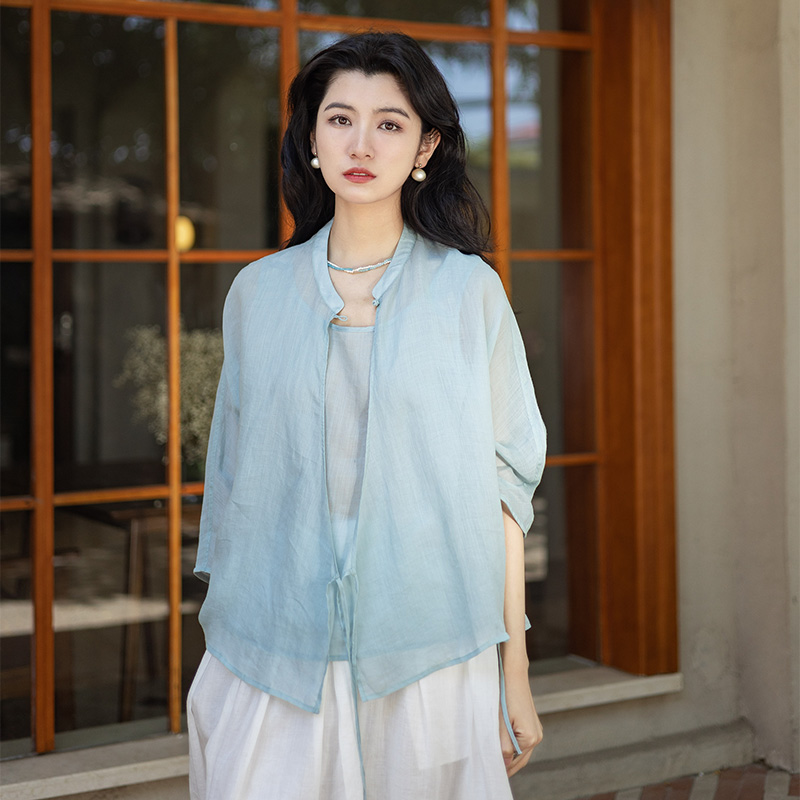 * 绽放491-501朵/高端100支砂洗苎麻中式盘扣斜襟系带衬衫文艺背心