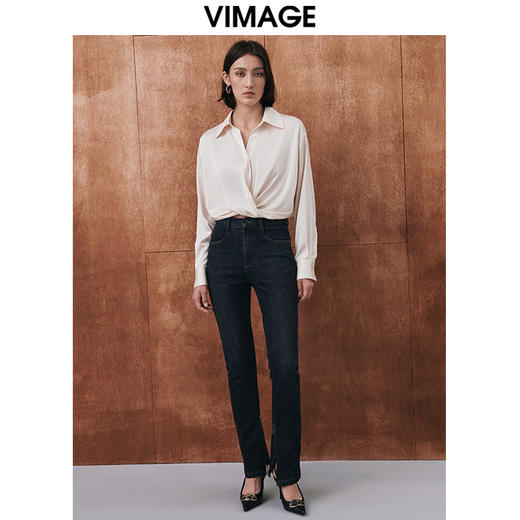 VIMAGE纬漫纪扭结设计短款直筒显瘦纯色设计感雪纺衬衫秋新款V2013603 商品图1