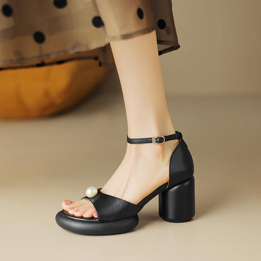 舒适减龄，露趾牛皮厚底凉拖高跟珍珠仙女凉鞋HBP-5340 商品图2