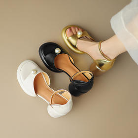 舒适减龄，露趾牛皮厚底凉拖高跟珍珠仙女凉鞋HBP-5340