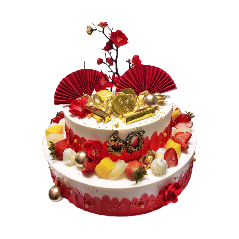 味美特“福气满满”祝寿水果蛋糕-60数字是可以更换的，金元宝是巧克力，可以放心食用的，梅花、扇子是插件，不可食用
