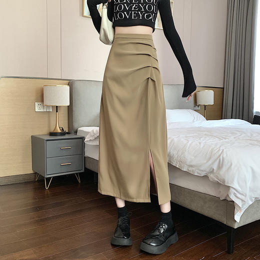 不规则褶皱开叉半身裙女春夏新款设计感一步裙高腰a字包臀中长裙_HLY 商品图1