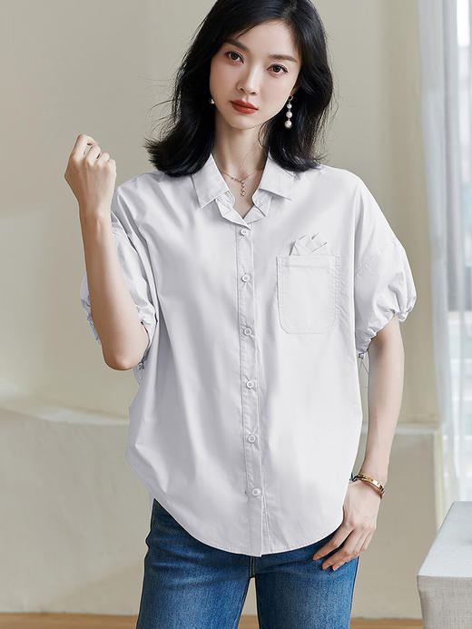 米思阳2025夏季简约通勤白色短袖衬衫弹力宽松基础百搭上衣女1812 商品图2