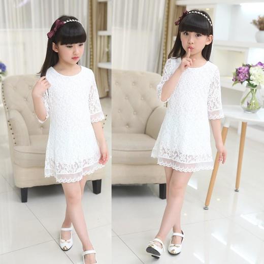 跨境童装新款女中大童连衣裙A字裙蕾丝纯色女孩公主裙儿童裙子潮 商品图4